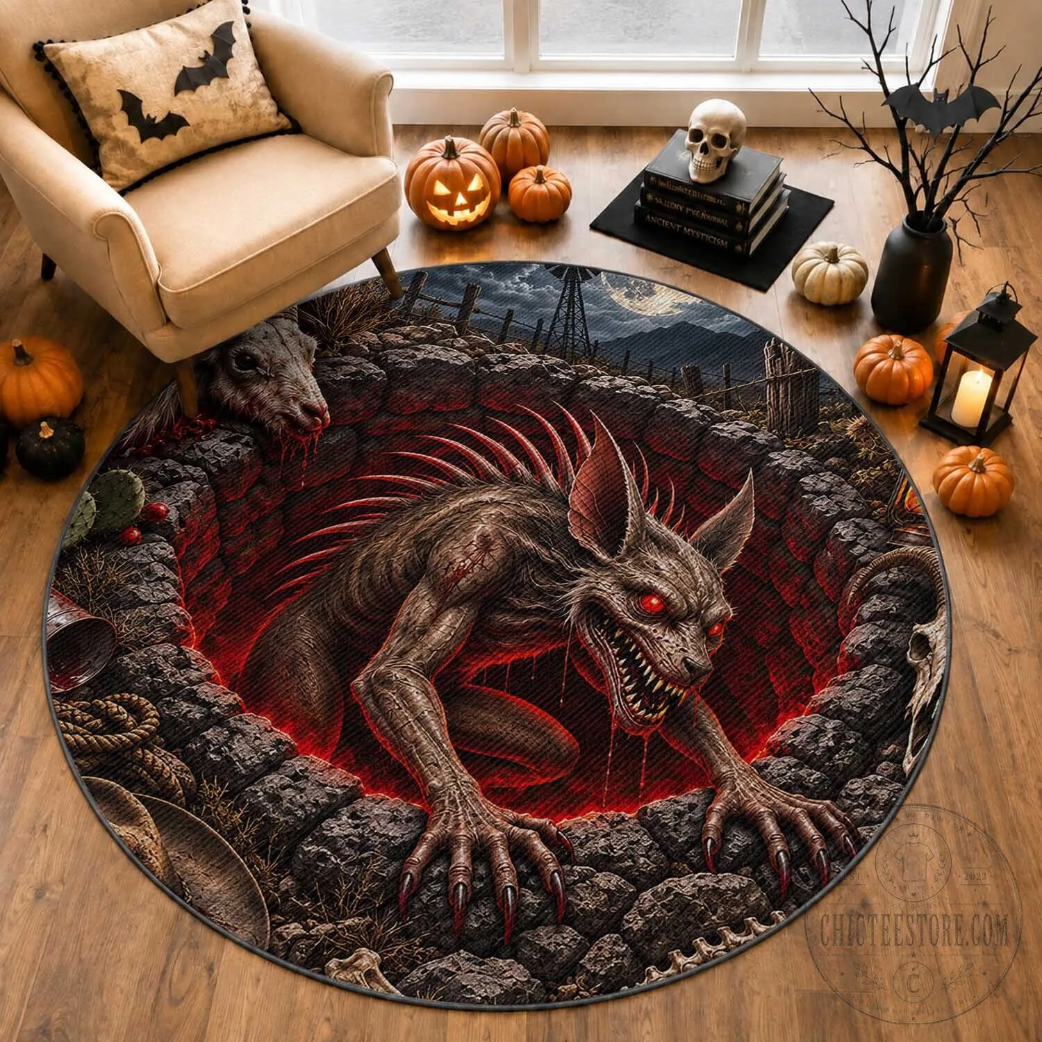 Chupacabra Cryptid Rising From Cracked Earth Round Rug