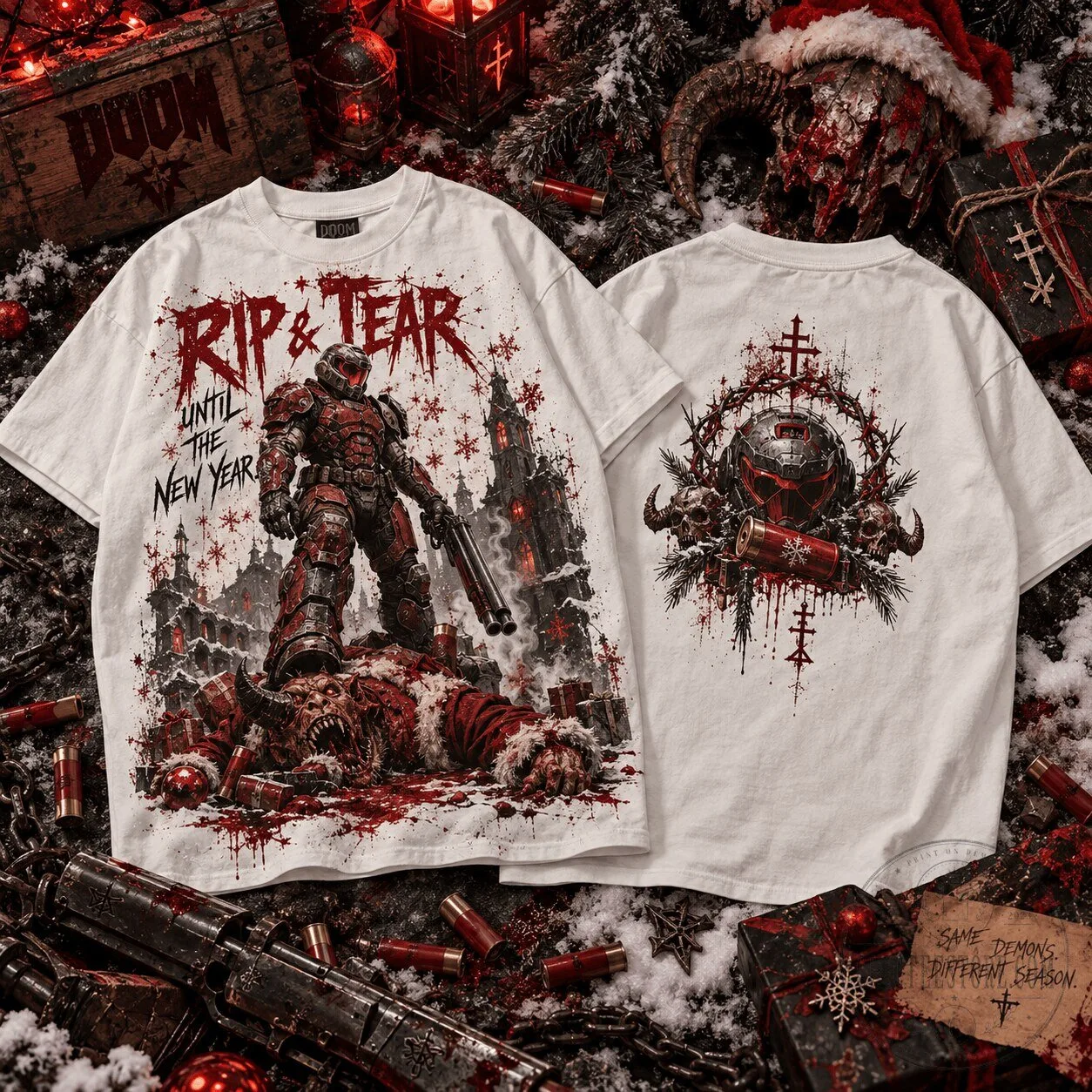 Doom Slayer Rip and Tear Until The New Year Christmas T-Shirt
